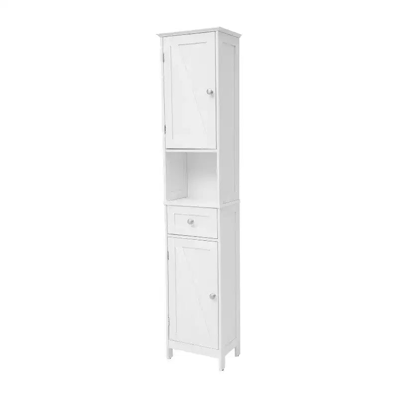 Merrick Lane Slim Linen Tower Organizer with Storage Drawer, Upper and Lower Cabinets with Magnetic Closure Doors and Open Shelf
