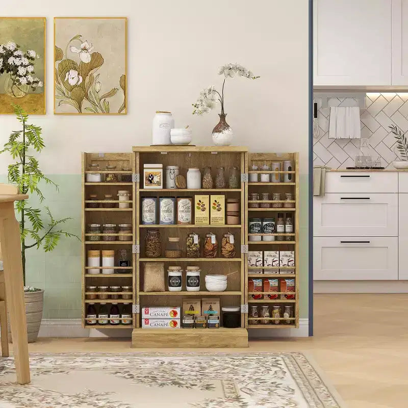 Meuble de Rangement pour Cellier de Cuisine, Meuble de Cuisine Autonome avec Portes Doubles, Étagère à 5 Niveaux, 12 Supports à Épices et Étagères Réglables