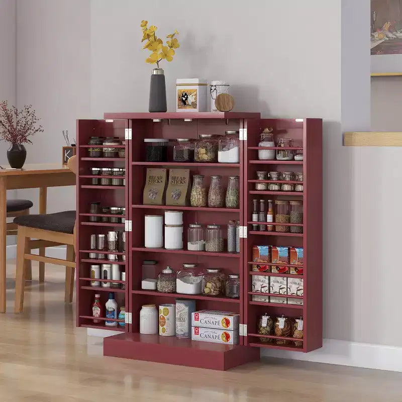 Meuble de Rangement pour Cellier de Cuisine, Meuble de Cuisine Autonome avec Portes Doubles, Étagère à 5 Niveaux, 12 Supports à Épices et Étagères Réglables
