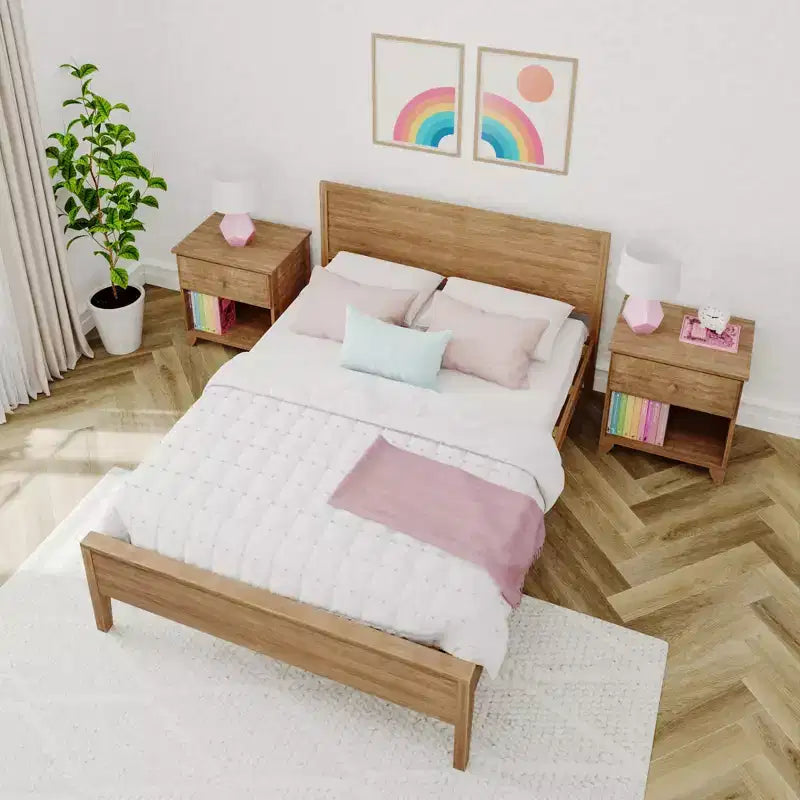 Cadre de lit double avec tête de lit, lit plateforme en bois massif pour enfants
