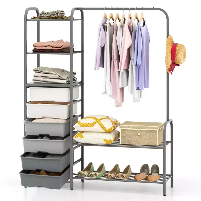 Costway Heavy Duty Clothes Rack with 6 Removable Drawers 3-Tier Open Shelves & 2-Tier Metal Shoe Rack Side Hook Adjustable Feet
