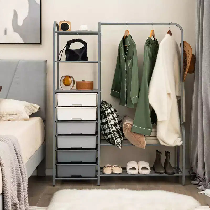 Porte-vêtements robuste avec 6 tiroirs amovibles, étagères ouvertes à 3 niveaux et porte-chaussures en métal à 2 niveaux, crochet latéral, pieds réglables