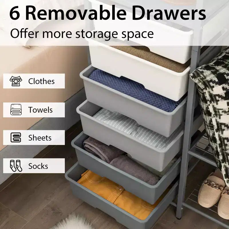 Porte-vêtements robuste avec 6 tiroirs amovibles, étagères ouvertes à 3 niveaux et porte-chaussures en métal à 2 niveaux, crochet latéral, pieds réglables