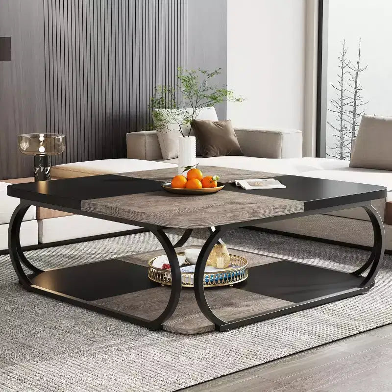Table basse carrée basse à 2 niveaux de style rustique avec étagère de rangement en bois et cadre incurvé en métal robuste pour salon