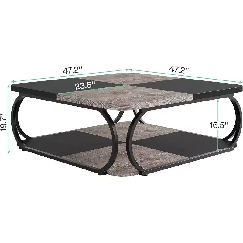 Table basse carrée basse à 2 niveaux de style rustique avec étagère de rangement en bois et cadre incurvé en métal robuste pour salon