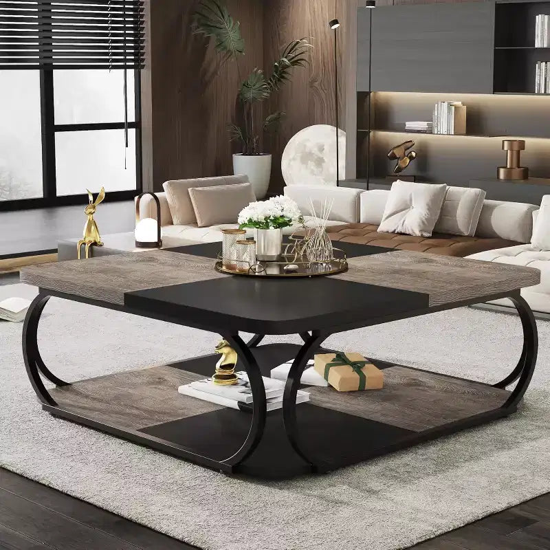 Table basse carrée basse à 2 niveaux de style rustique avec étagère de rangement en bois et cadre incurvé en métal robuste pour salon