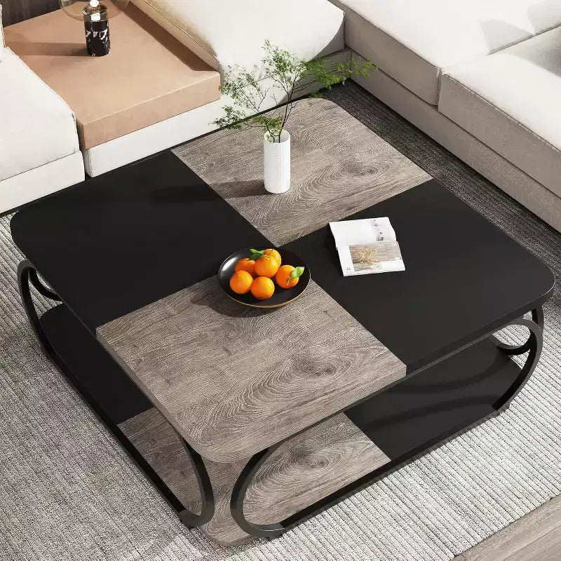 Table basse carrée basse à 2 niveaux de style rustique avec étagère de rangement en bois et cadre incurvé en métal robuste pour salon