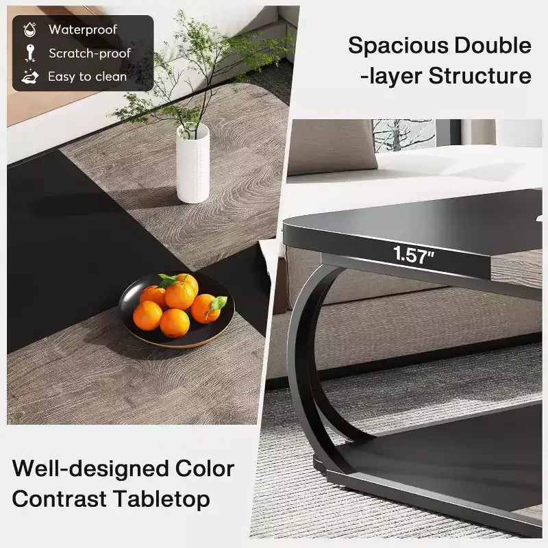 Table basse carrée basse à 2 niveaux de style rustique avec étagère de rangement en bois et cadre incurvé en métal robuste pour salon