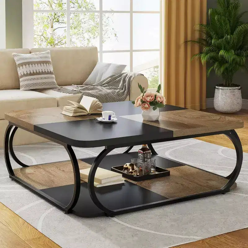 Table basse carrée basse à 2 niveaux de style rustique avec étagère de rangement en bois et cadre incurvé en métal robuste pour salon