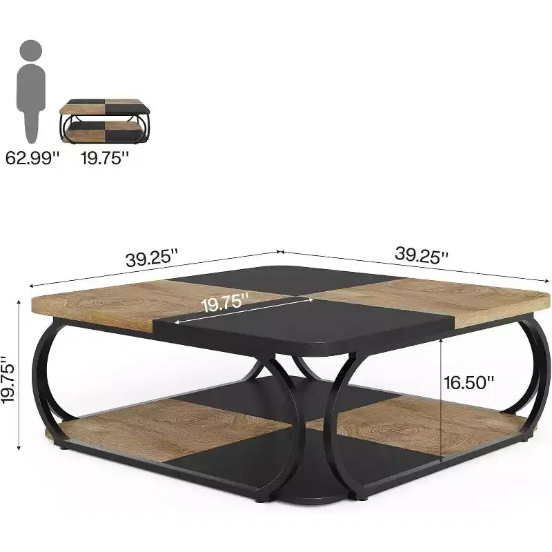 Table basse carrée basse à 2 niveaux de style rustique avec étagère de rangement en bois et cadre incurvé en métal robuste pour salon