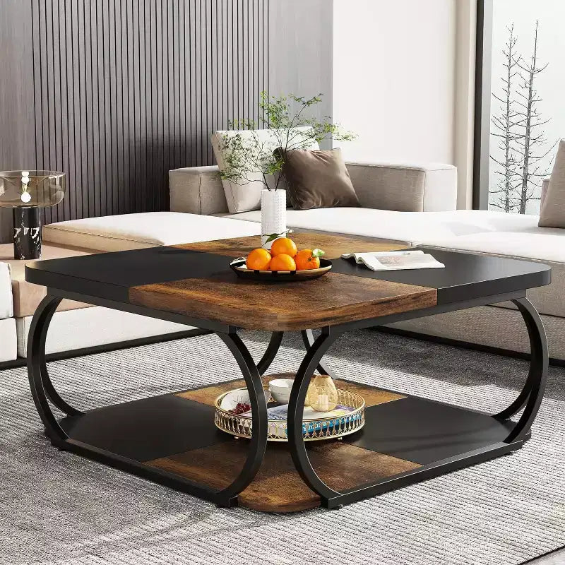 Table basse carrée basse à 2 niveaux de style rustique avec étagère de rangement en bois et cadre incurvé en métal robuste pour salon