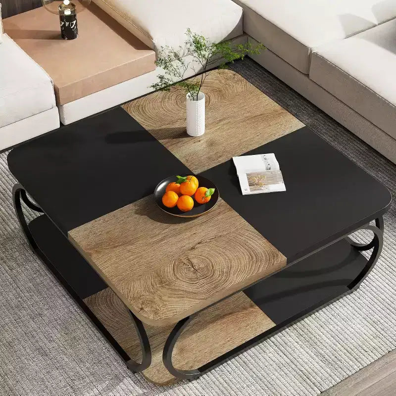 Table basse carrée basse à 2 niveaux de style rustique avec étagère de rangement en bois et cadre incurvé en métal robuste pour salon