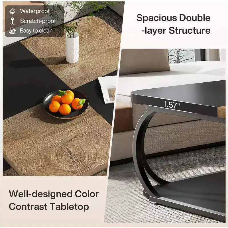 Table basse carrée basse à 2 niveaux de style rustique avec étagère de rangement en bois et cadre incurvé en métal robuste pour salon
