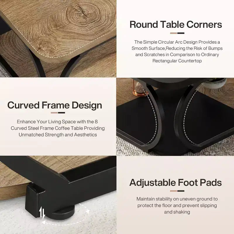 Table basse carrée basse à 2 niveaux de style rustique avec étagère de rangement en bois et cadre incurvé en métal robuste pour salon