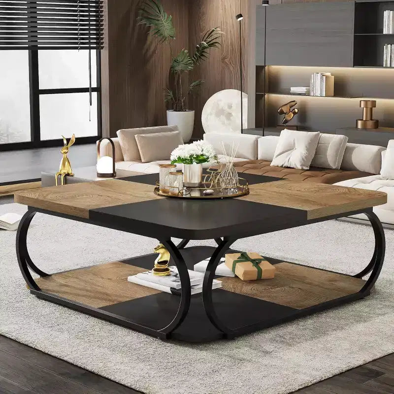 Table basse carrée basse à 2 niveaux de style rustique avec étagère de rangement en bois et cadre incurvé en métal robuste pour salon
