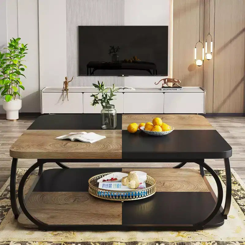 Table basse carrée basse à 2 niveaux de style rustique avec étagère de rangement en bois et cadre incurvé en métal robuste pour salon