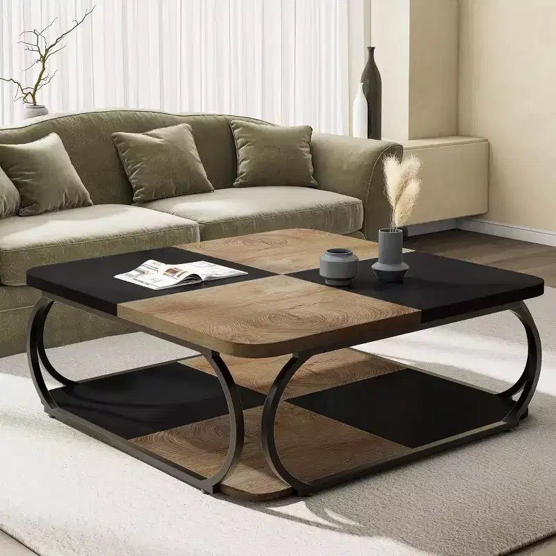 Table basse carrée basse à 2 niveaux de style rustique avec étagère de rangement en bois et cadre incurvé en métal robuste pour salon