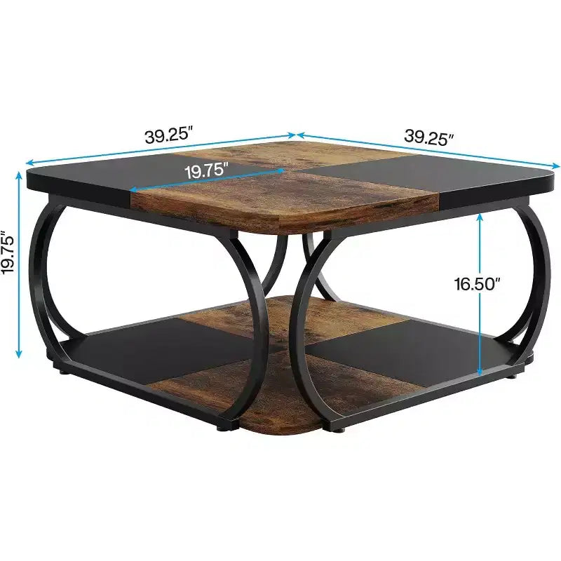 Table basse carrée basse à 2 niveaux de style rustique avec étagère de rangement en bois et cadre incurvé en métal robuste pour salon