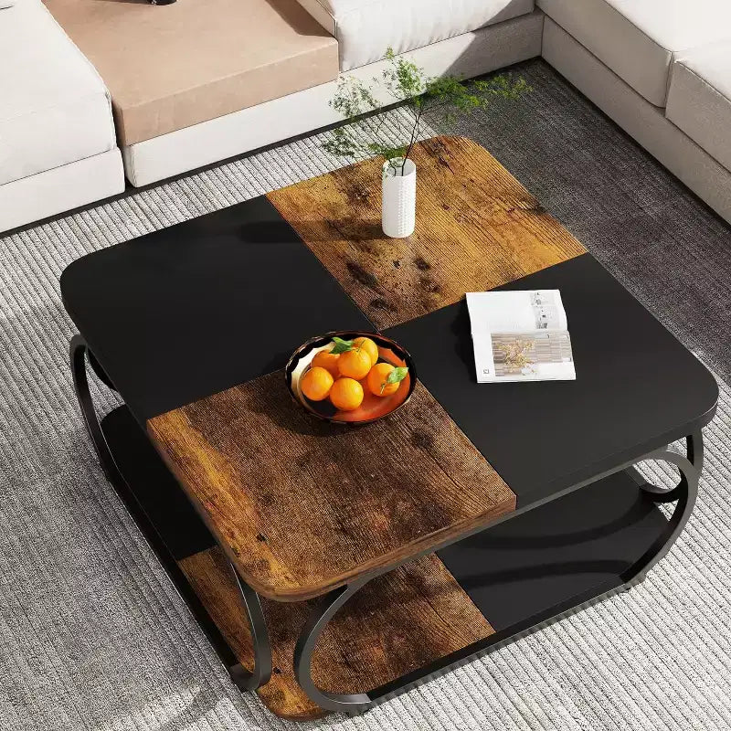 Table basse carrée basse à 2 niveaux de style rustique avec étagère de rangement en bois et cadre incurvé en métal robuste pour salon