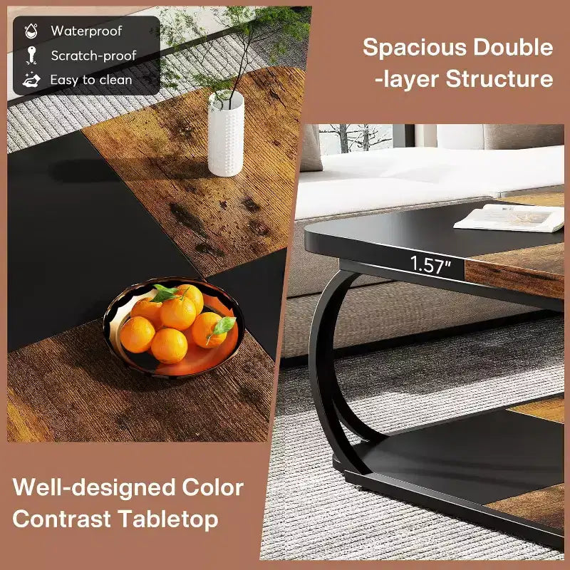 Table basse carrée basse à 2 niveaux de style rustique avec étagère de rangement en bois et cadre incurvé en métal robuste pour salon