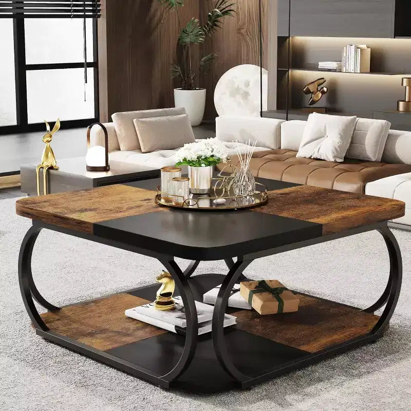 Table basse carrée basse à 2 niveaux de style rustique avec étagère de rangement en bois et cadre incurvé en métal robuste pour salon