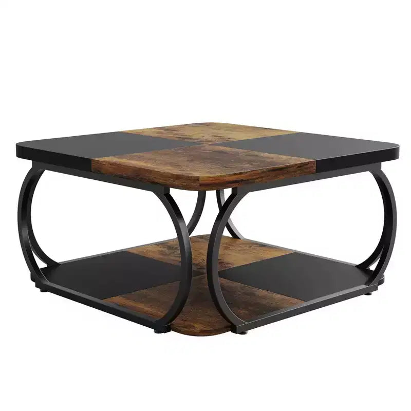 Lantine 40 Farmhouse 2-tier Low Square Coffee Table with Wood Storage Shelf Heavy Duty Metal Curved Frame for Living Room