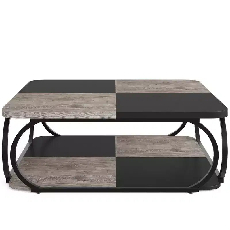 Table basse carrée basse à 2 niveaux de style rustique avec étagère de rangement en bois et cadre incurvé en métal robuste pour salon