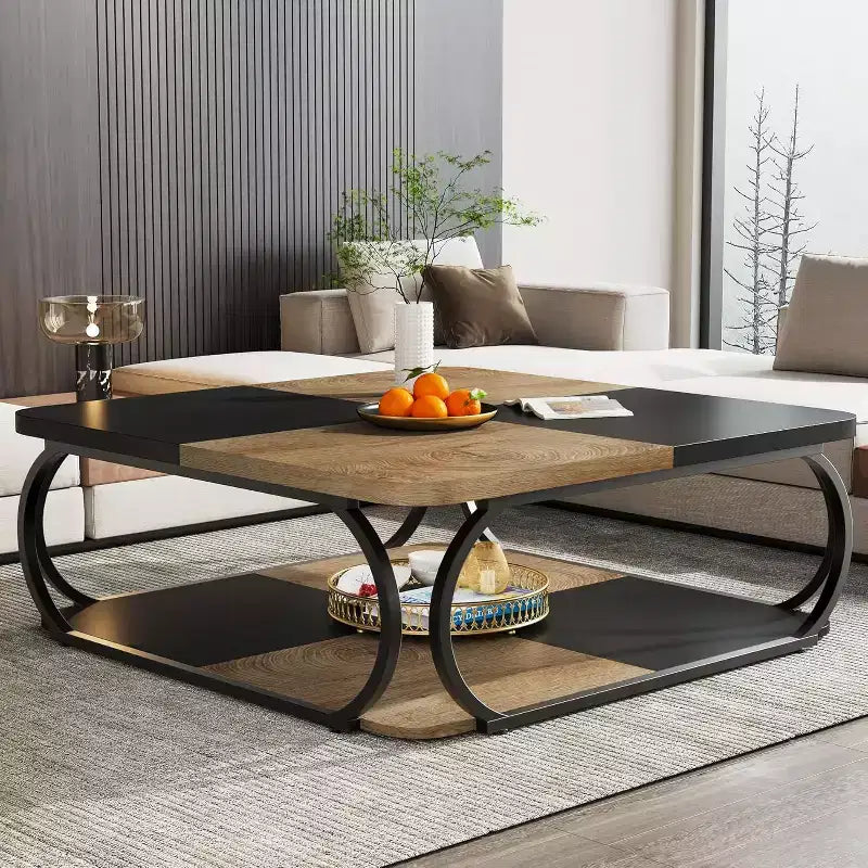 Table basse carrée basse à 2 niveaux de style rustique avec étagère de rangement en bois et cadre incurvé en métal robuste pour salon
