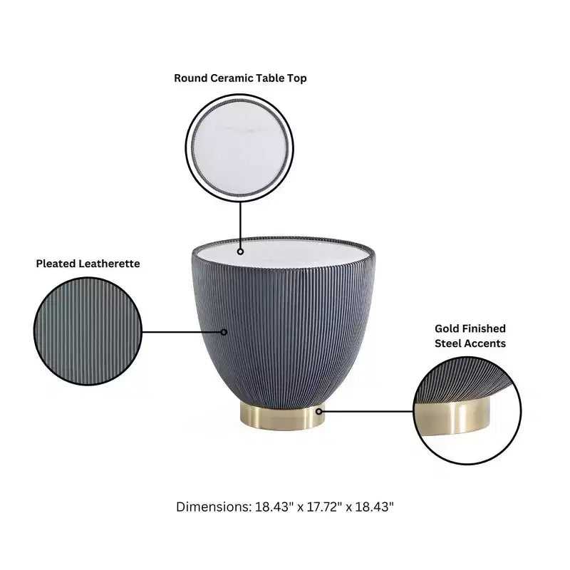 Table d'appoint moderne recouverte de similicuir avec plateau en céramique aspect marbre