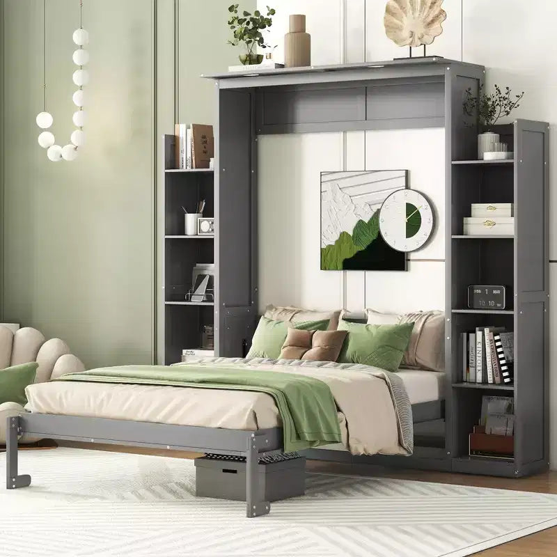 Full/Queen Size Murphy Bed/Wall Bed with Shelves and LED Lights 4A - ModernLuxe