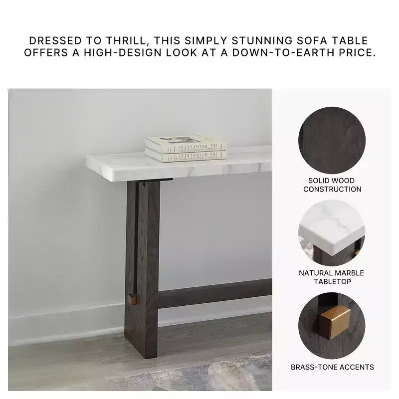 Table console, plateau en marbre naturel, console en chêne marron foncé pour salon
