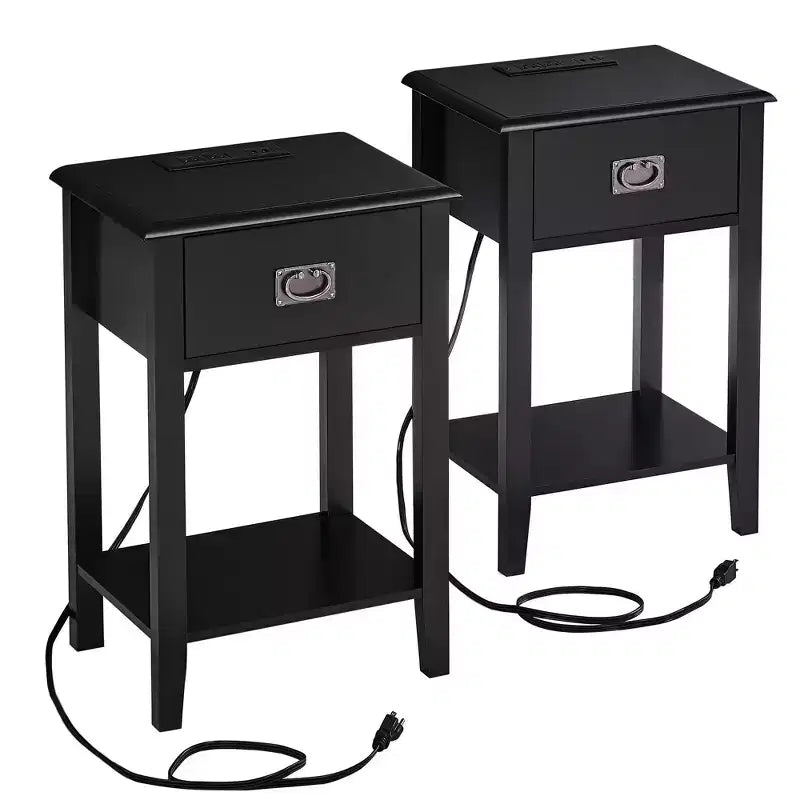 VECELO Nightstand Set of 2-with Charging Station, Black End/Side Table with USB Ports, Nightstands with 3-Drawers Storage Shelf