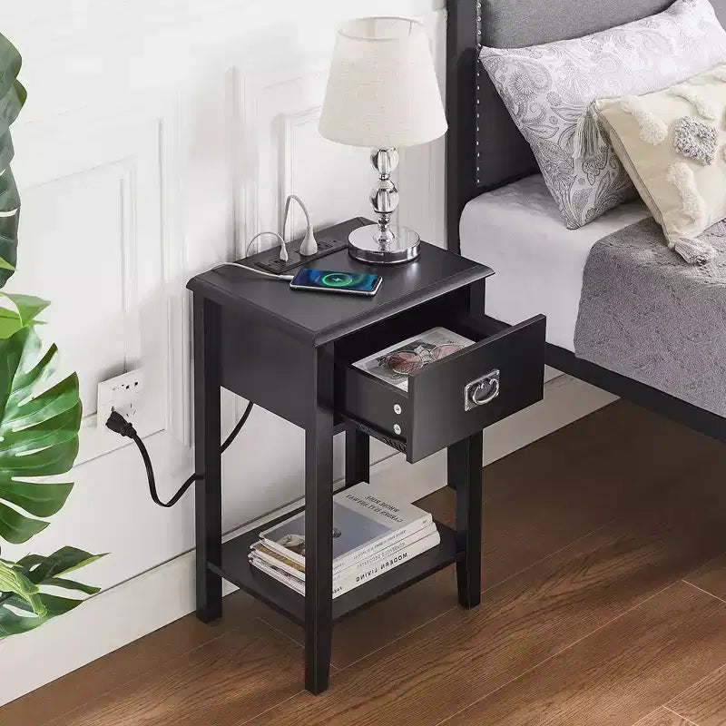 Lot de 2 tables de chevet avec station de charge, table d'appoint noire avec ports USB, tables de chevet avec étagère de rangement à 3 tiroirs