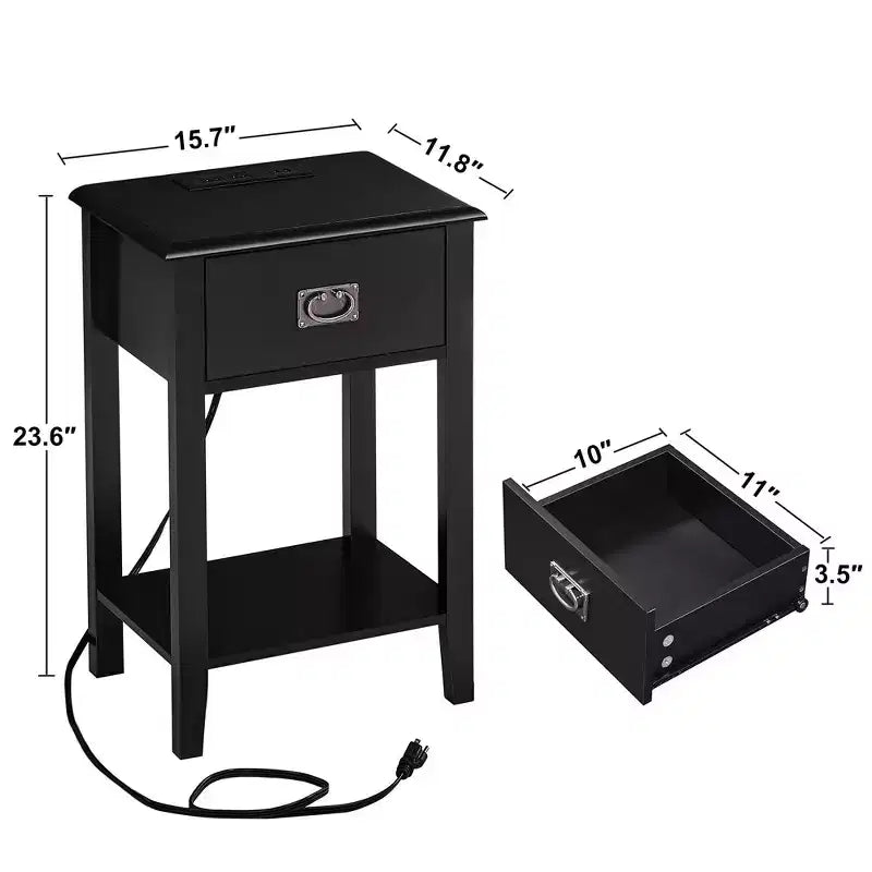 Lot de 2 tables de chevet avec station de charge, table d'appoint noire avec ports USB, tables de chevet avec étagère de rangement à 3 tiroirs
