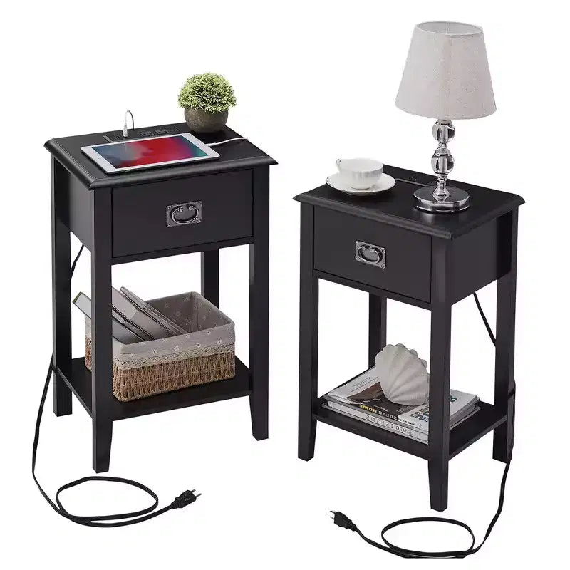 Lot de 2 tables de chevet avec station de charge, table d'appoint noire avec ports USB, tables de chevet avec étagère de rangement à 3 tiroirs