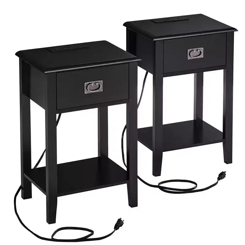 Lot de 2 tables de chevet avec station de charge, table d'appoint noire avec ports USB, tables de chevet avec étagère de rangement à 3 tiroirs