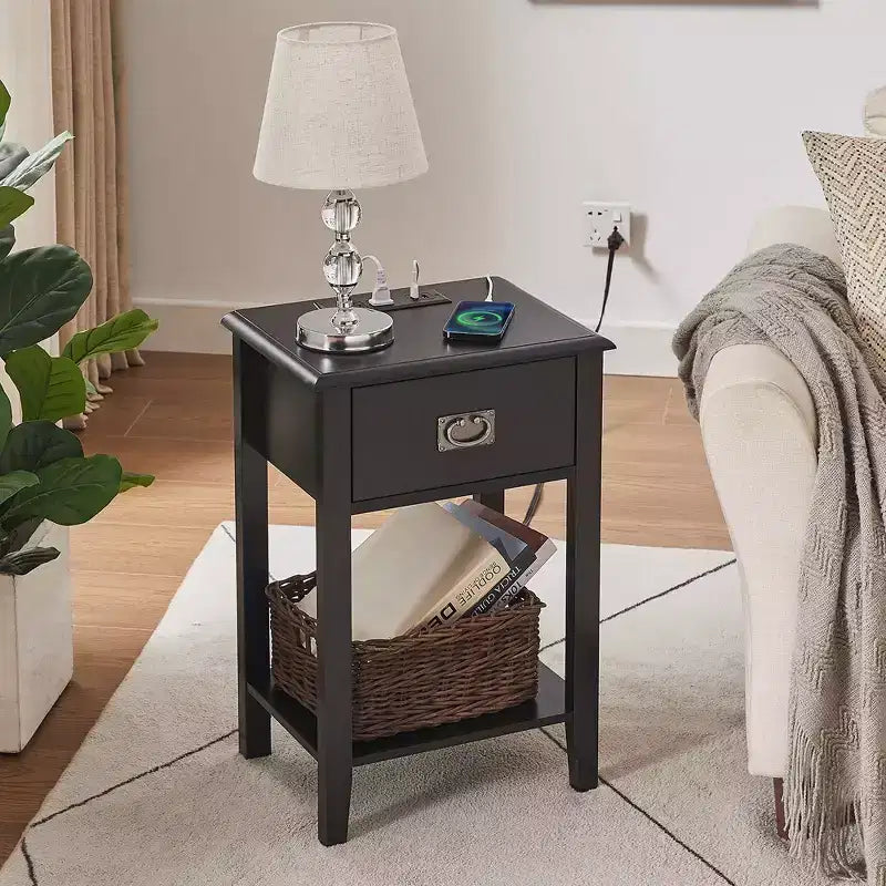Lot de 2 tables de chevet avec station de charge, table d'appoint noire avec ports USB, tables de chevet avec étagère de rangement à 3 tiroirs
