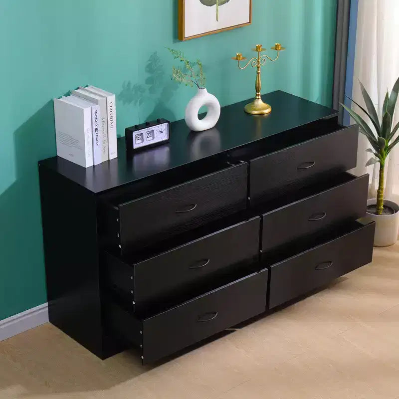 Wide 6 Drawer Dresser for Bedroom 53.5 Inch Modern Chest of Drawers MDF Wood Black Finish