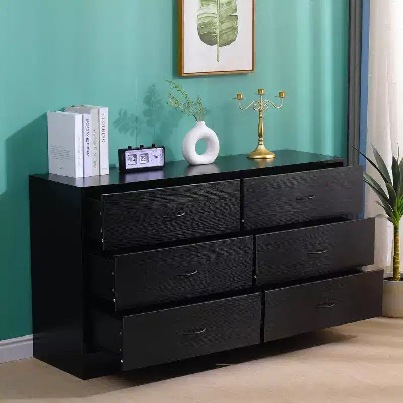 Grande commode à 6 tiroirs pour chambre à coucher 53,5 pouces Commode moderne en bois MDF finition noire