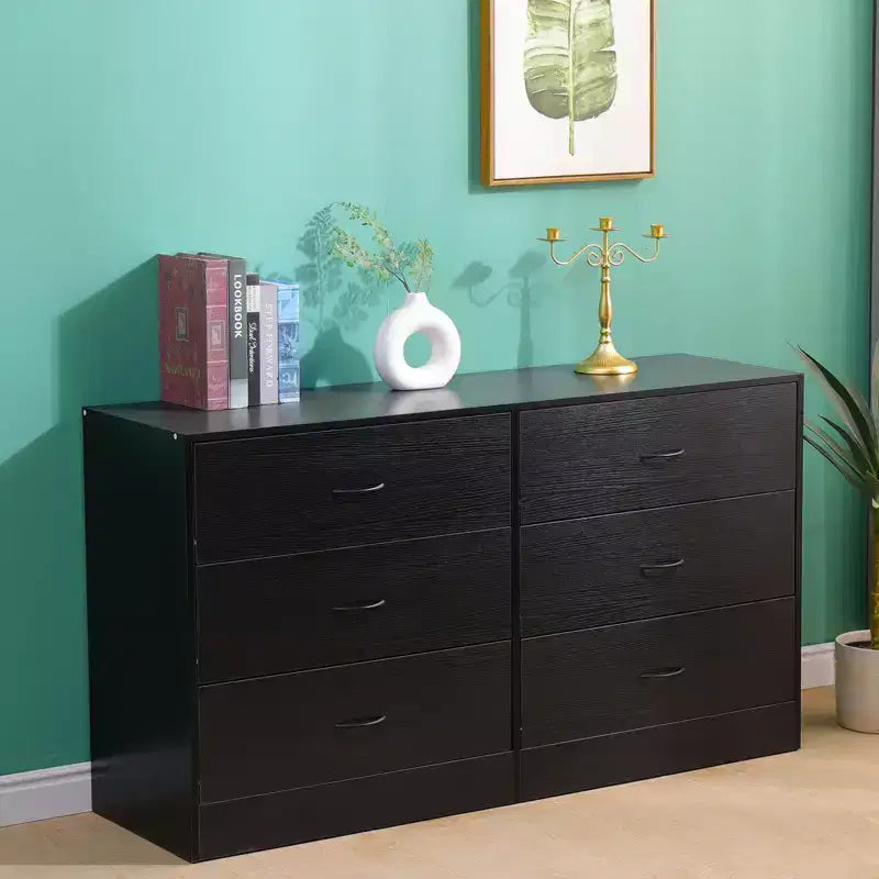 Grande commode à 6 tiroirs pour chambre à coucher 53,5 pouces Commode moderne en bois MDF finition noire