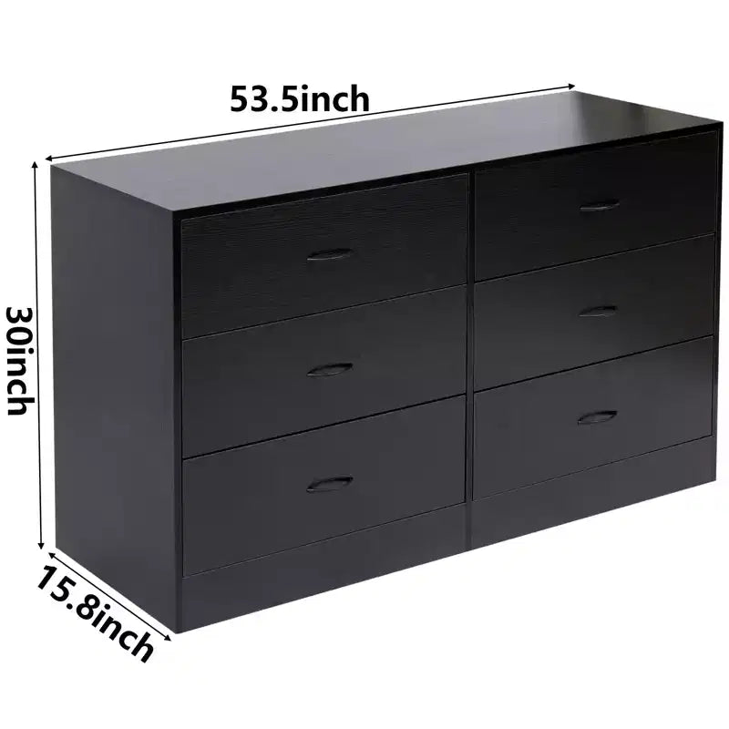 Grande commode à 6 tiroirs pour chambre à coucher 53,5 pouces Commode moderne en bois MDF finition noire