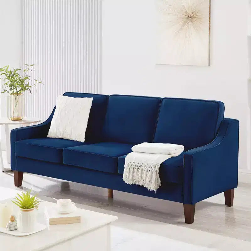 Fauteuil/Causeuse/Canapé 3 places en tissu avec accoudoirs arrondis et pieds en bois, Bleu marine/Noir/Taupe