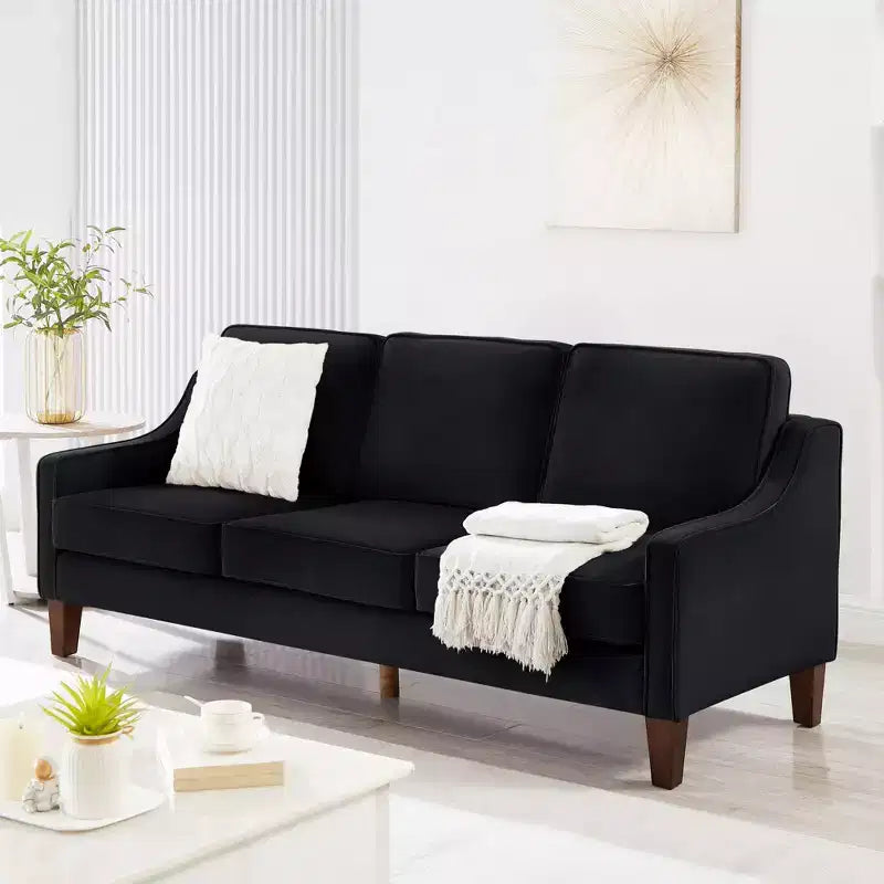 Fauteuil/Causeuse/Canapé 3 places en tissu avec accoudoirs arrondis et pieds en bois, Bleu marine/Noir/Taupe