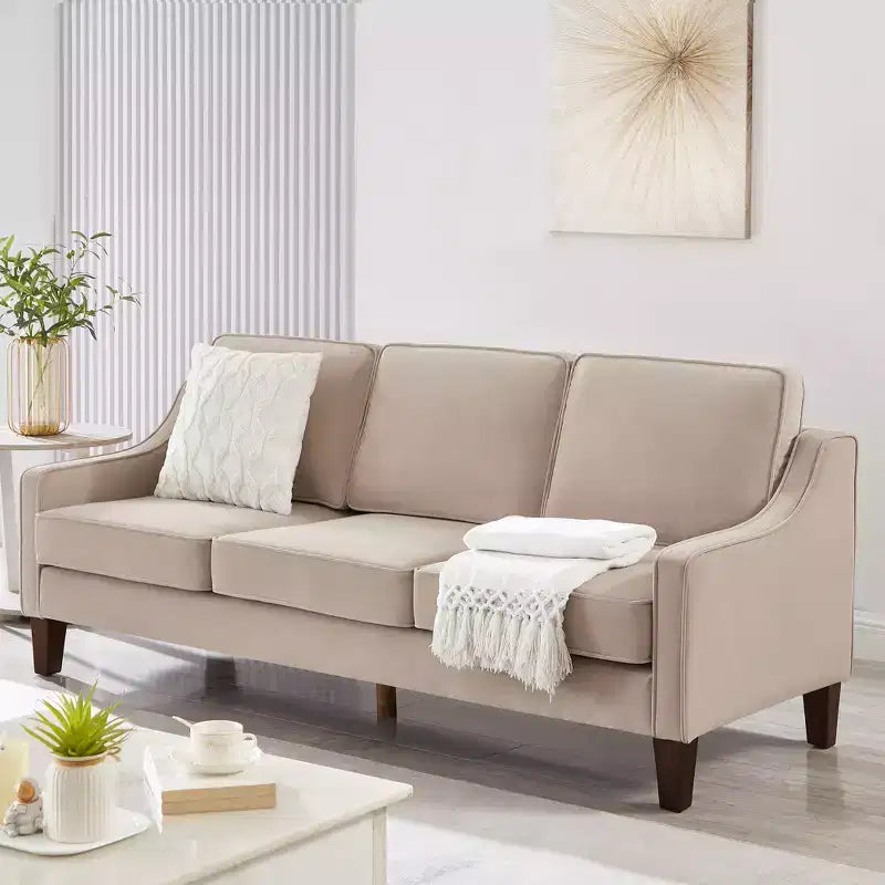 Fauteuil/Causeuse/Canapé 3 places en tissu avec accoudoirs arrondis et pieds en bois, Bleu marine/Noir/Taupe