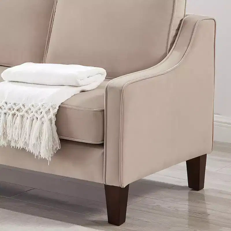 Fauteuil/Causeuse/Canapé 3 places en tissu avec accoudoirs arrondis et pieds en bois, Bleu marine/Noir/Taupe