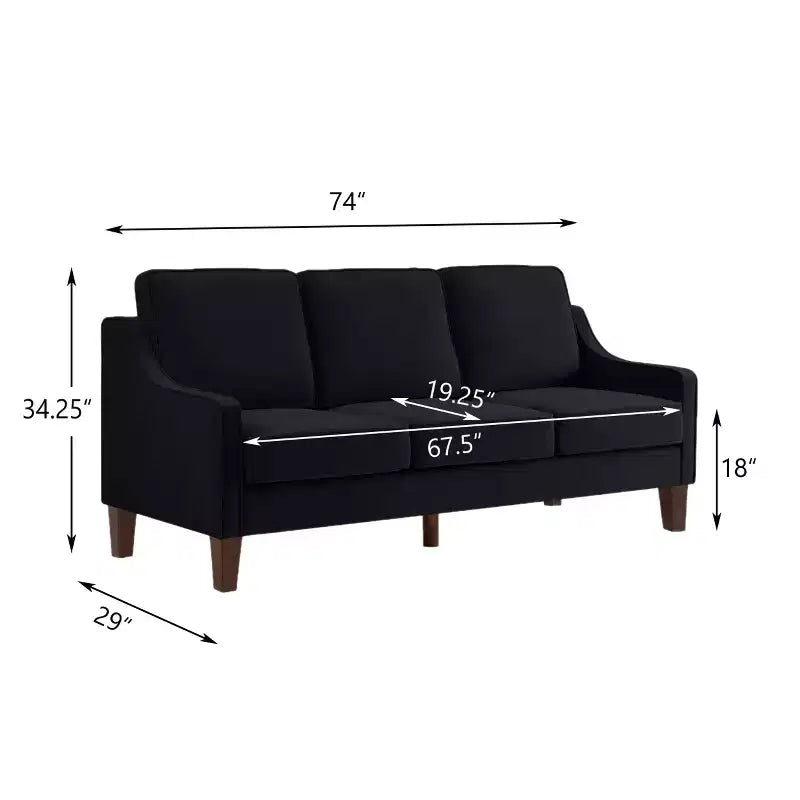 Fauteuil/Causeuse/Canapé 3 places en tissu avec accoudoirs arrondis et pieds en bois, Bleu marine/Noir/Taupe