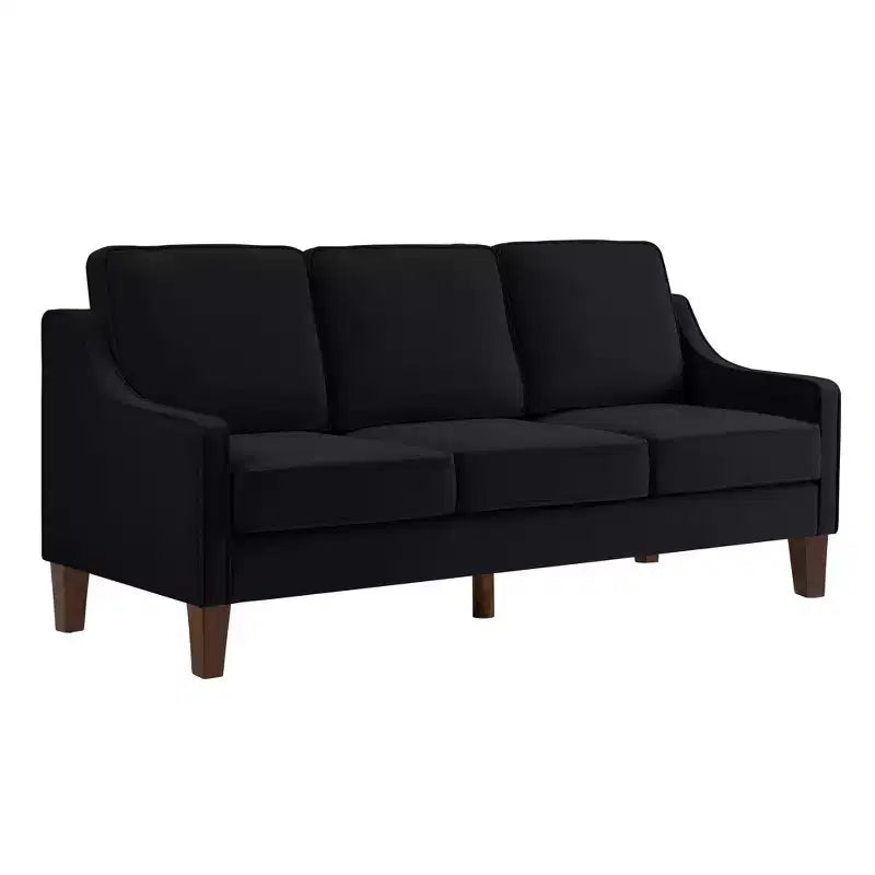 Fauteuil/Causeuse/Canapé 3 places en tissu avec accoudoirs arrondis et pieds en bois, Bleu marine/Noir/Taupe