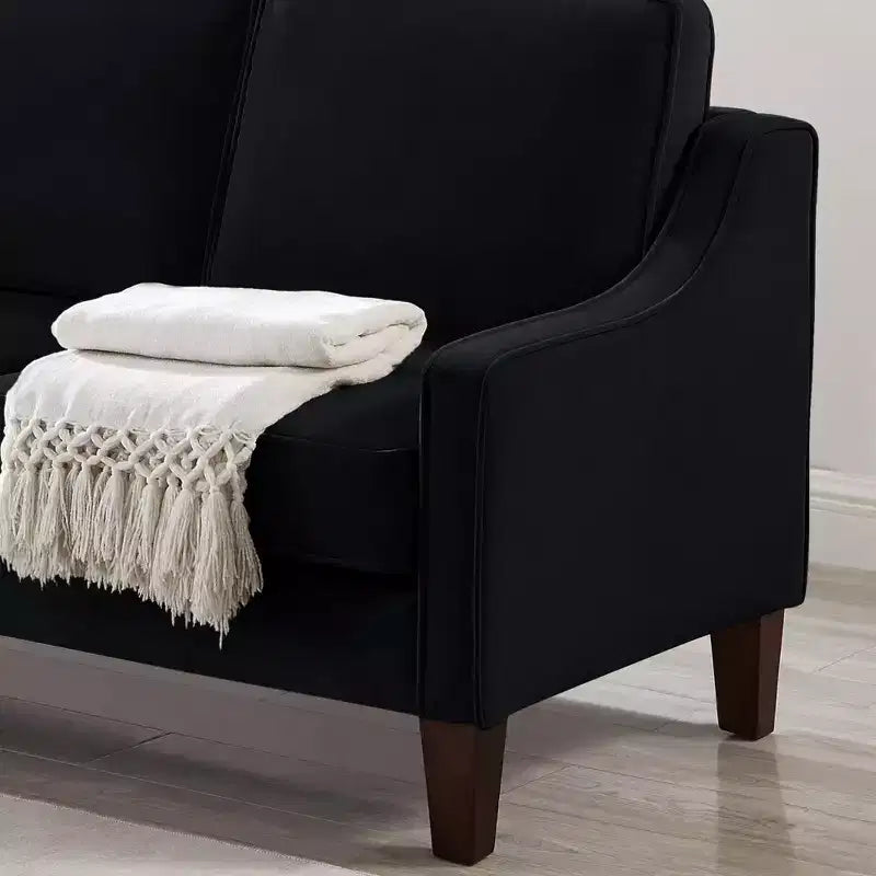Fauteuil/Causeuse/Canapé 3 places en tissu avec accoudoirs arrondis et pieds en bois, Bleu marine/Noir/Taupe