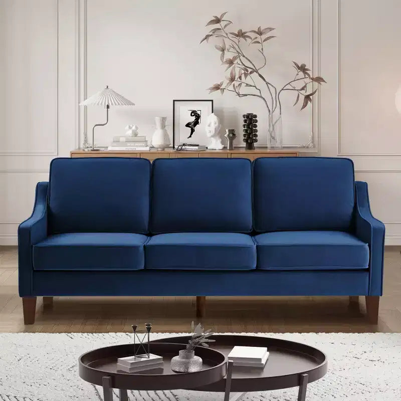 Fauteuil/Causeuse/Canapé 3 places en tissu avec accoudoirs arrondis et pieds en bois, Bleu marine/Noir/Taupe
