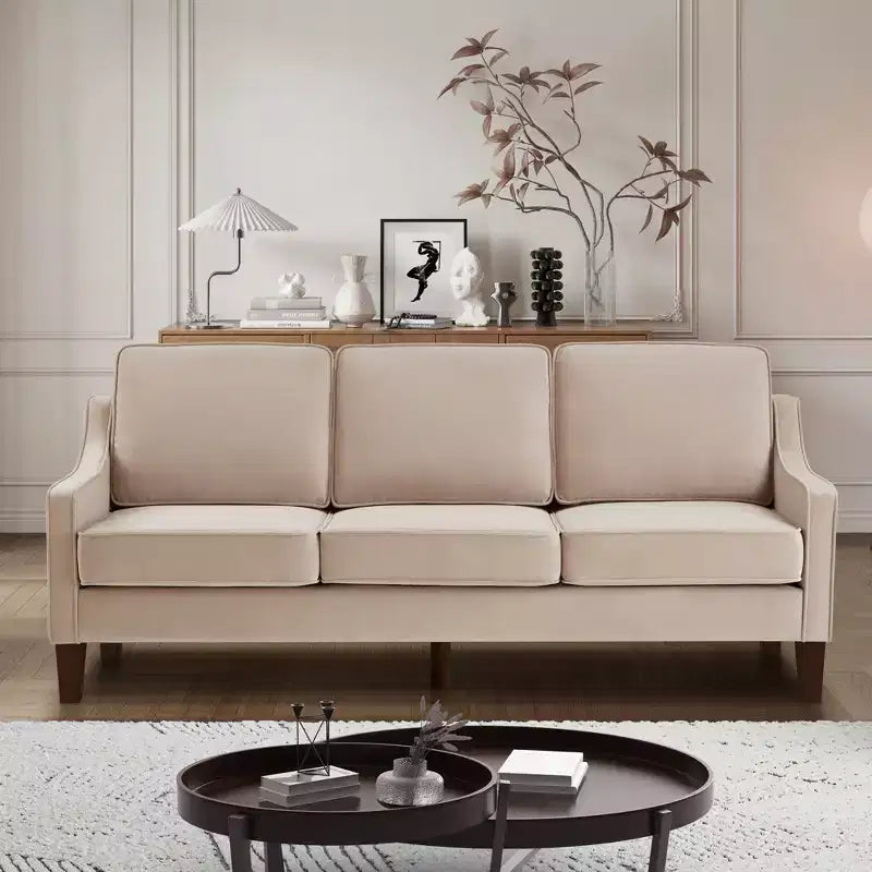 Fauteuil/Causeuse/Canapé 3 places en tissu avec accoudoirs arrondis et pieds en bois, Bleu marine/Noir/Taupe
